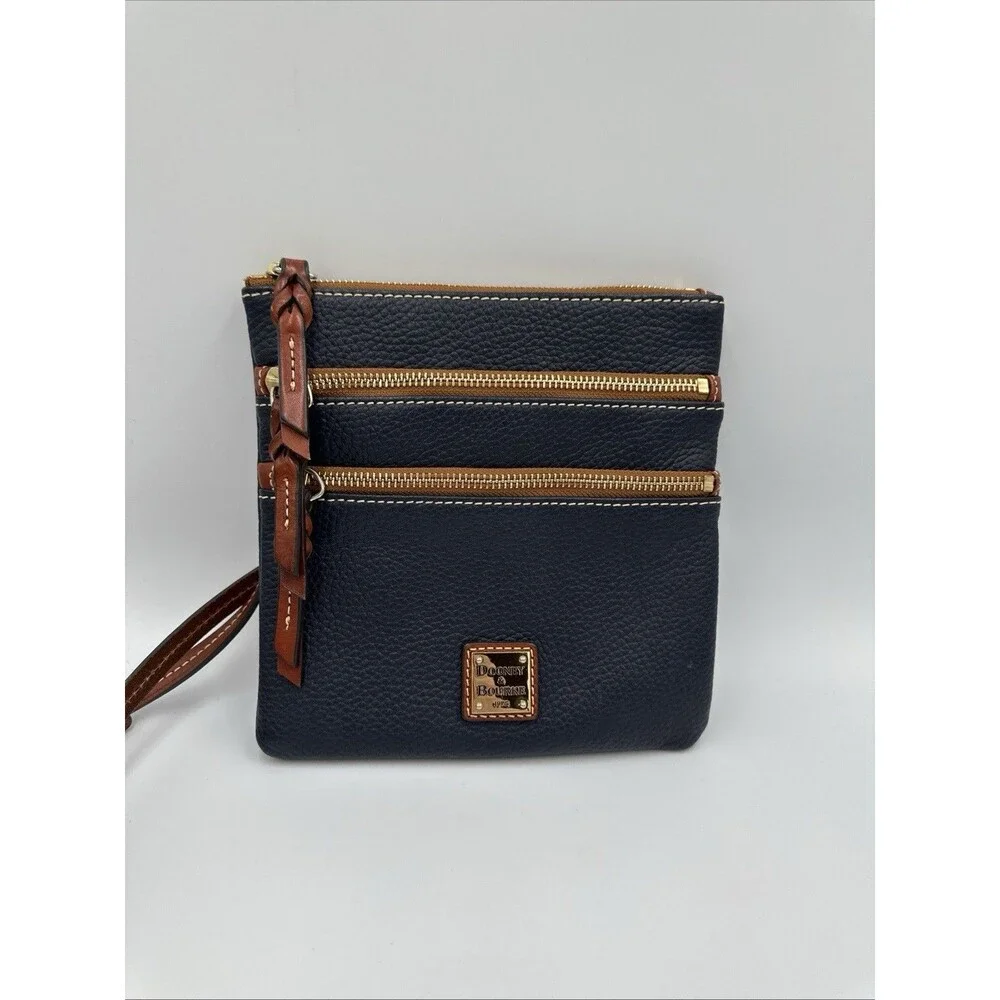 Dooney & Bourke Pebbled Navy Brown Crossbody Bag Braided Gently Used - Picture 3 of 15